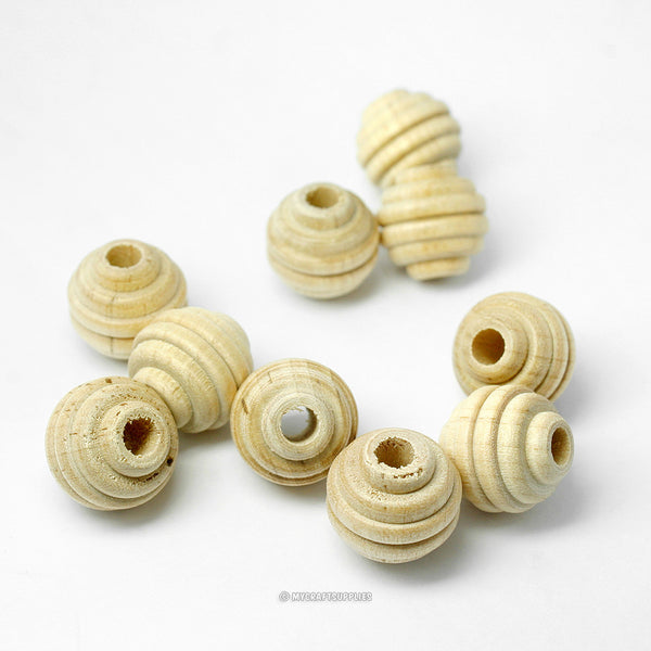 Natural Wood Beehive Beads 5/8 Inch Round