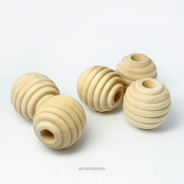Natural Wood Beehive Beads 1 Inch Round
