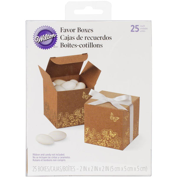 Wilton: 25 Square Kraft 2" Favor Boxes with Gold Foil Floral & Butterfly Design