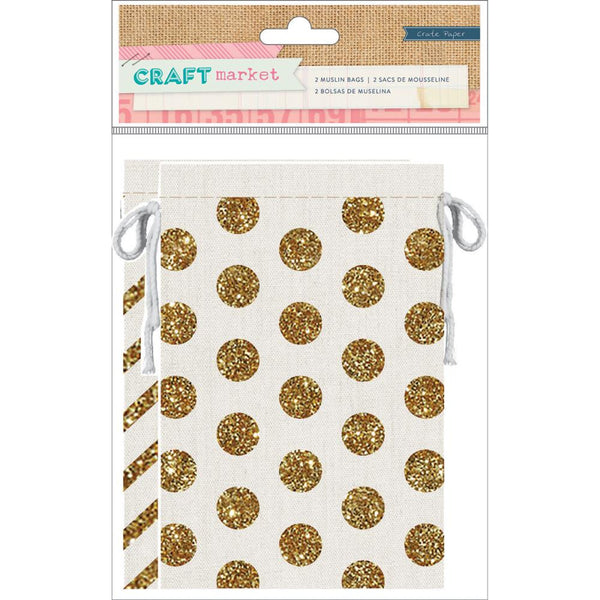 Gold Glitter Muslin Bags SET Polka Dots and Stripes w Drawstring for Packaging and Crafts